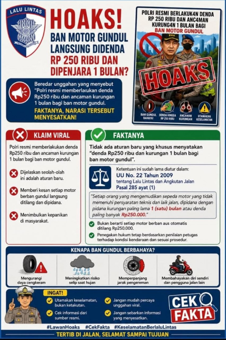 Korlantas Polri Masyarakat Diimbau Tidak Mudah Percaya Hoaks Terkait Polisi Akan Denda Rp250 Ribu untuk Ban Gundul