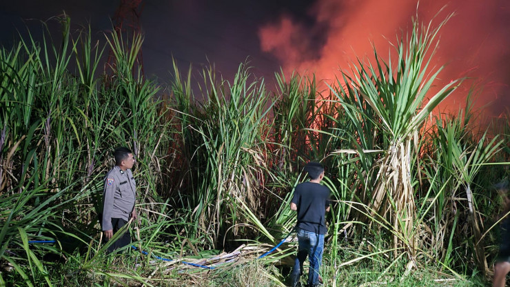 Polisi Bersama Masyarakat Padamkan Karhutla di Lahan Tebu Desa Popoh